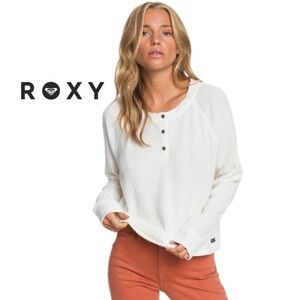 Roxy Off-White Long Sleeve Cosy Take it Home Waffle Knit Crop Top in Medium